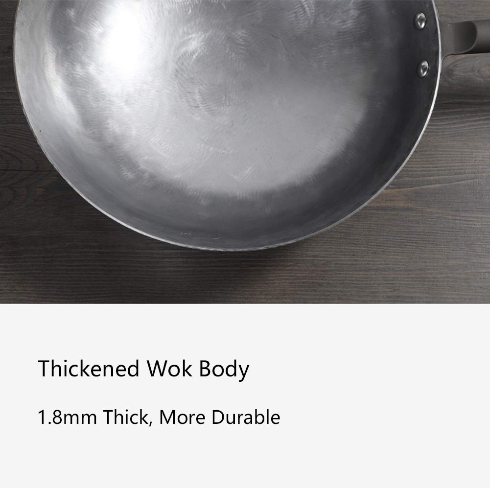 Fondo Tondo Wok Acciaio Al Carbonio Wok, Martellato A Mano Acciaio Al Carbonio Pow Wok Con Impiccagioni in Legno E Manico in Acciaio, 3 Dimensioni A Scelta,34cm/13.4in