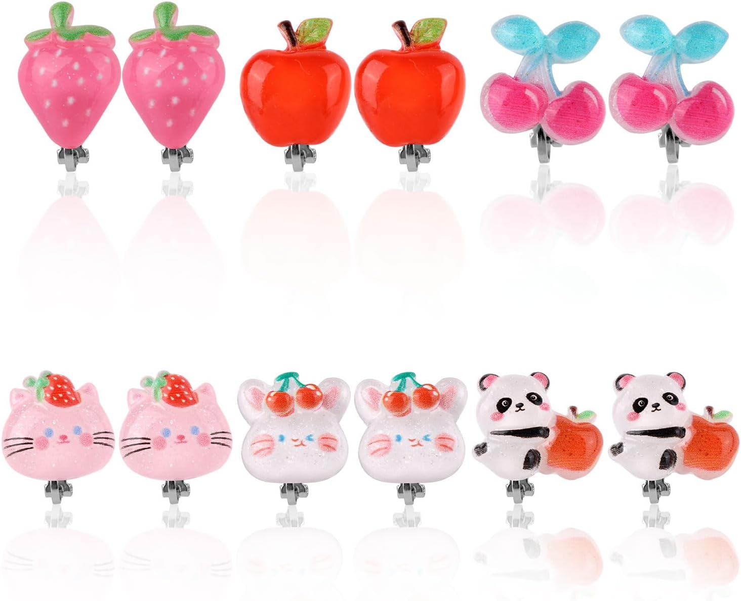 6 Pairs Clip Stick On Earrings for Girls Kids, Resin Children Non Perforated Ear Clip Set Cute Cherry Strawberry Fruit Panda Cat Animal Princess Styles Non-Pierced Jewelry Gift