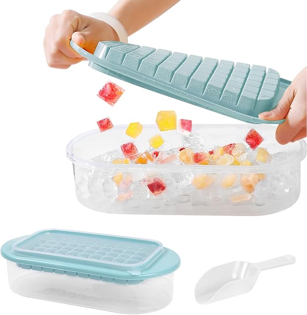 Skycase Ice Cube Trays, 66 Ice Cubes Trays Kitchen Reusable Silicone Extra Large Storage Container Set with Lid and Ice Shovel for Whiskey Gin Spirits Cocktails Party Drinks, Blue