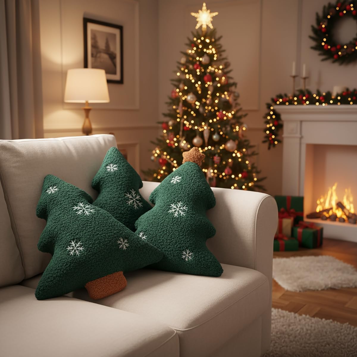LARMOY 3 Pcs Christmas Tree Throw Pillows, 16" Cute Plush Stuffed Xmas Tree Shaped Decorative Pillows with Snowflake for Bedroom Outdoor Sofa Couch Home Winter Party Cushion Decorations