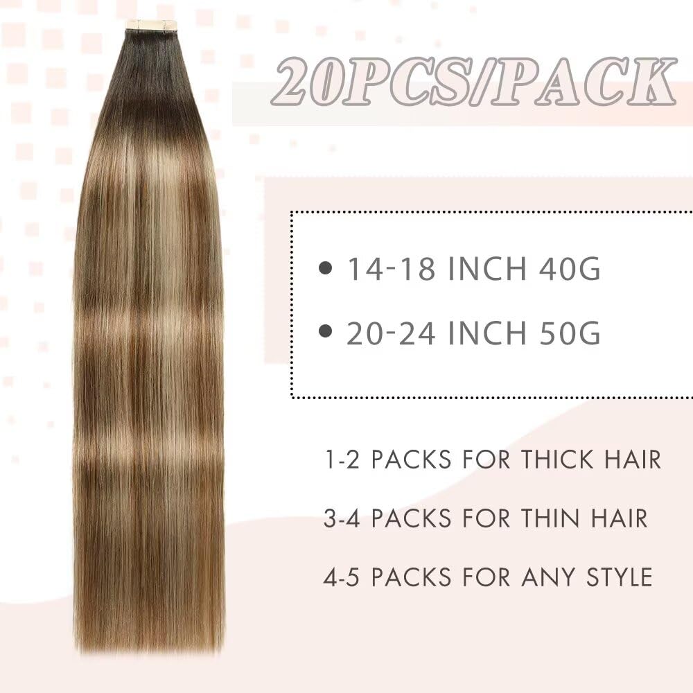 YDDM Extension Capelli Veri Biadesivo 20pcs 60cm 50g Castano con castano chiaro e biondo chiaro extension biadesive capelli veri Tape In Extension Adesive Capelli Veri(24inch,2/6/18K#)