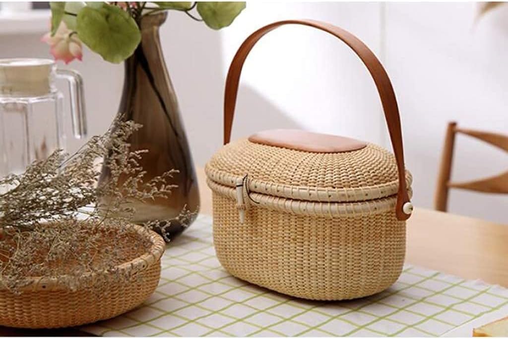 Home Garden Outdoors Picnic Baskets Picnic Basket with Lid Natural Woven Rattan with Wooden Handle Storage Basket for Outdoor Picnic Travel Shopping Camping Storage Picnic Baskets Hampers