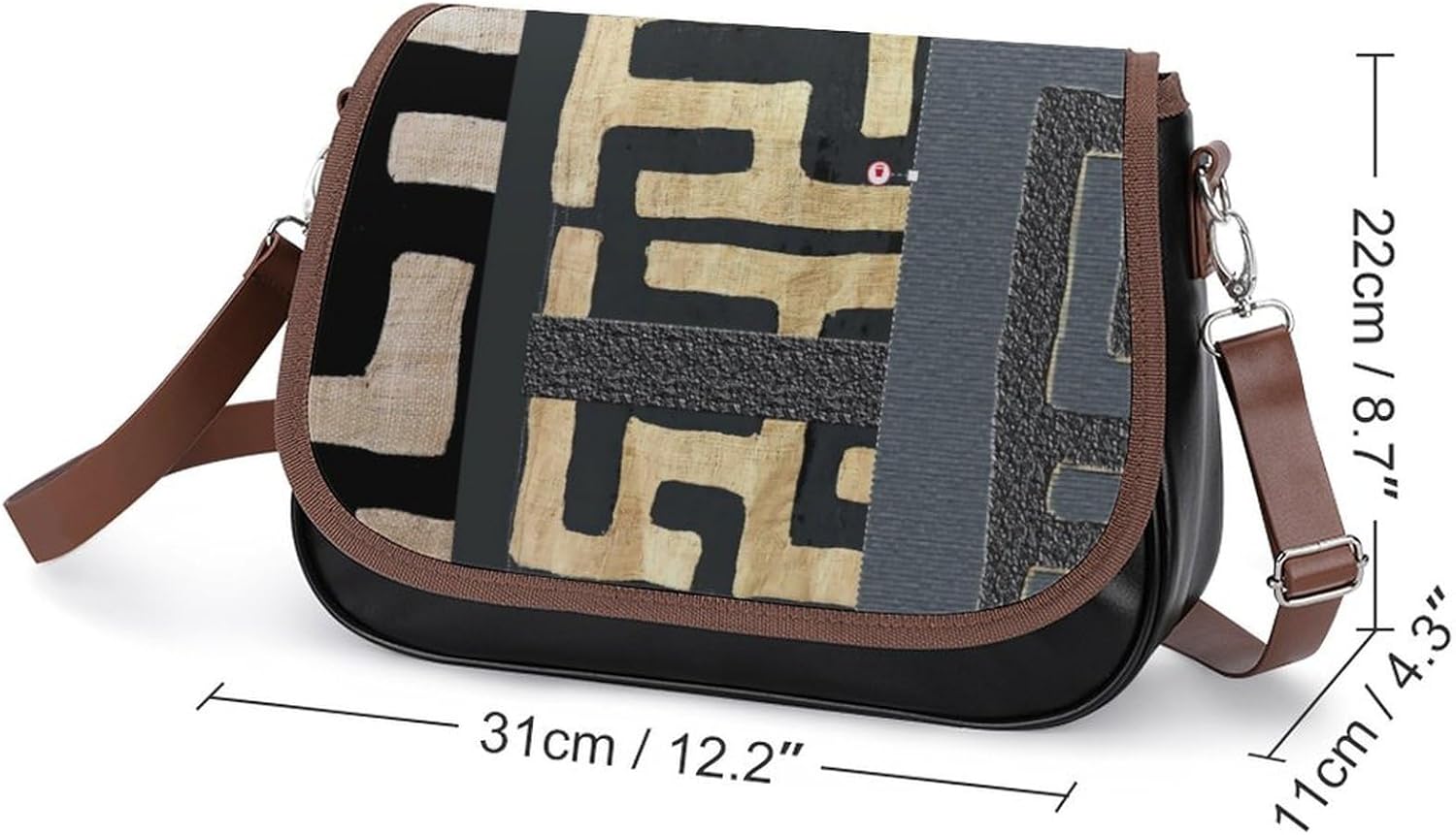 African Kuba Cloth PrintWomen's Faux Leather Crossbody Bag, Waterproof Wrinkle-Resistant Shoulder Bag with Detachable Strap, Large Capacity Casual Handbag, Fashion Daily Purse for Shopping Work Dating