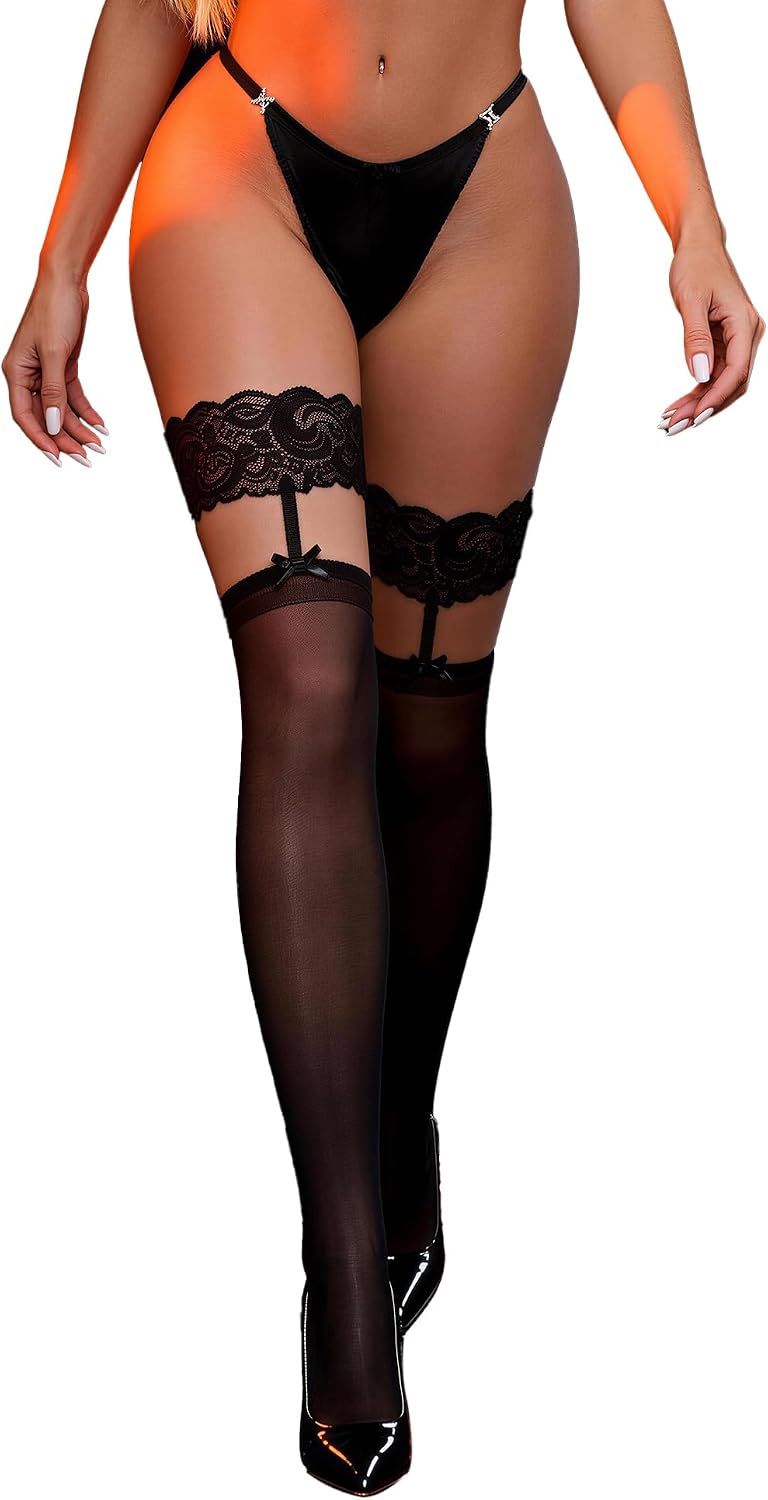 Women Lace Top Thigh High Stockings with Bow Sexy Sheer Suspenders Pantyhose Stay Up Vintage Fishnets XS-5XL