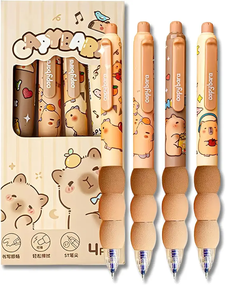 Kit 4 Canetas Gel Apagável Capivara Espuma Kawaii 0.5mm – Tinta Azul, Estética Fofa