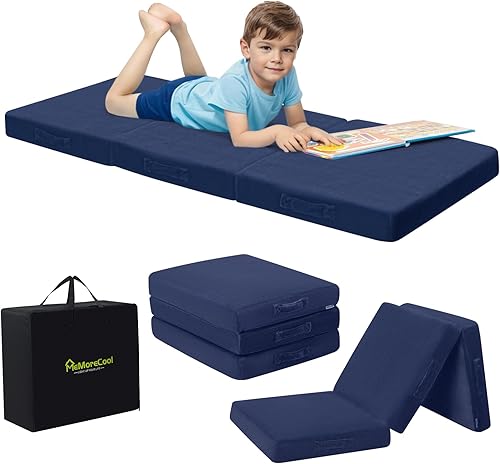 MeMoreCool Colchón plegable para niños, tapete triple para siesta para niños pequeños, futón portátil para dormir o cama de suelo, azul marino, 57 x
