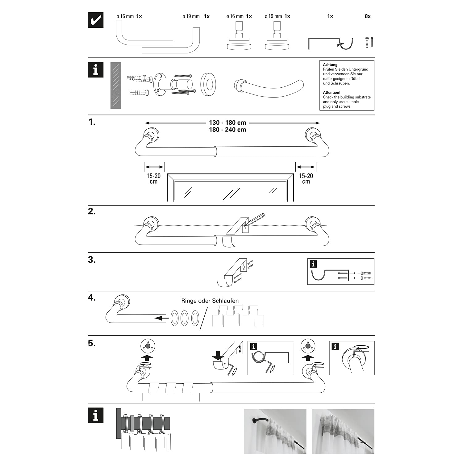 Gardinia Set de Tringles à Rideaux Lisa, 1 Voie avec Coude, Diamètre 16/19 mm, Extensible, Longueur 180-240 cm, Noir Mat