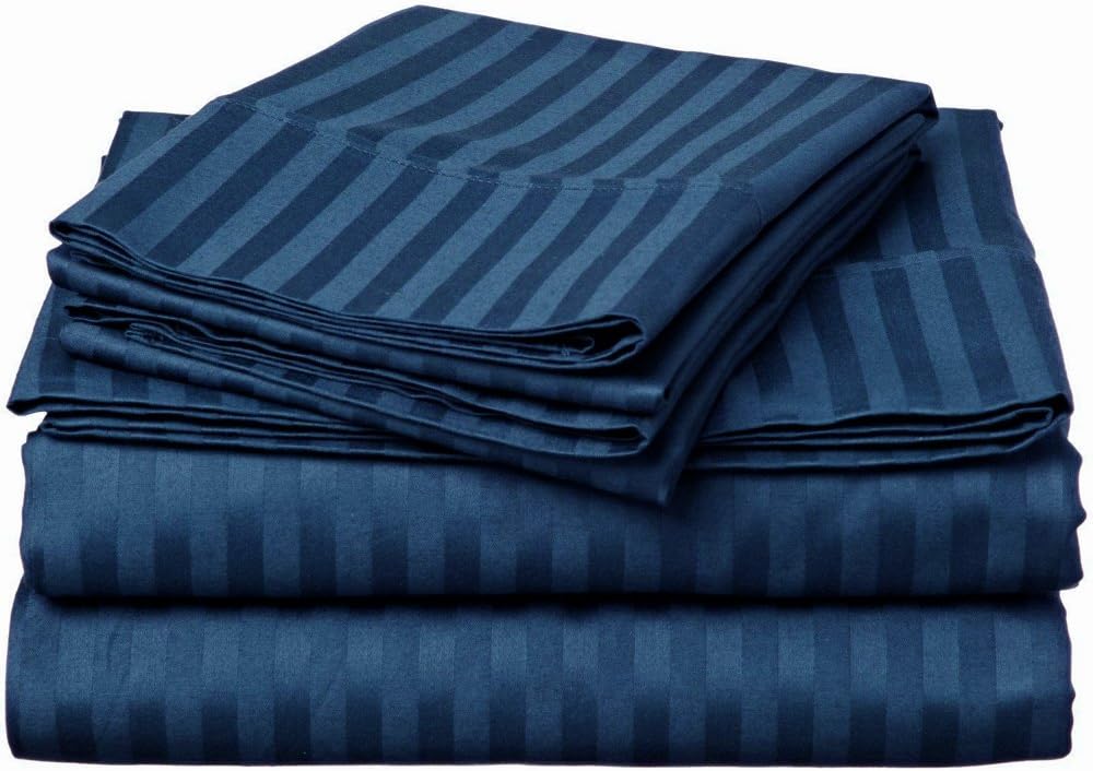 Grand LinenHotel Quality Bed Sheet Set Today Soft. 1500 Stripe Premium Series. High Thread Count Deep Pocket (Queen, Navy)