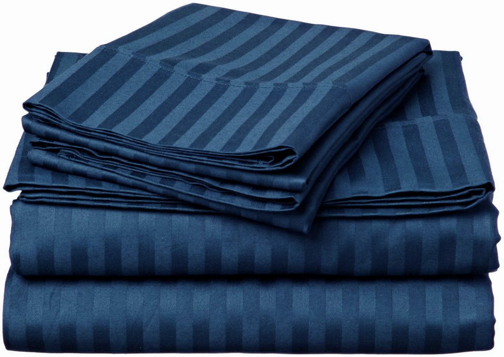 Grand LinenHotel Quality Bed Sheet Set Today Soft. 1500 Stripe Premium Series. High Thread Count Deep Pocket (Queen, Navy)