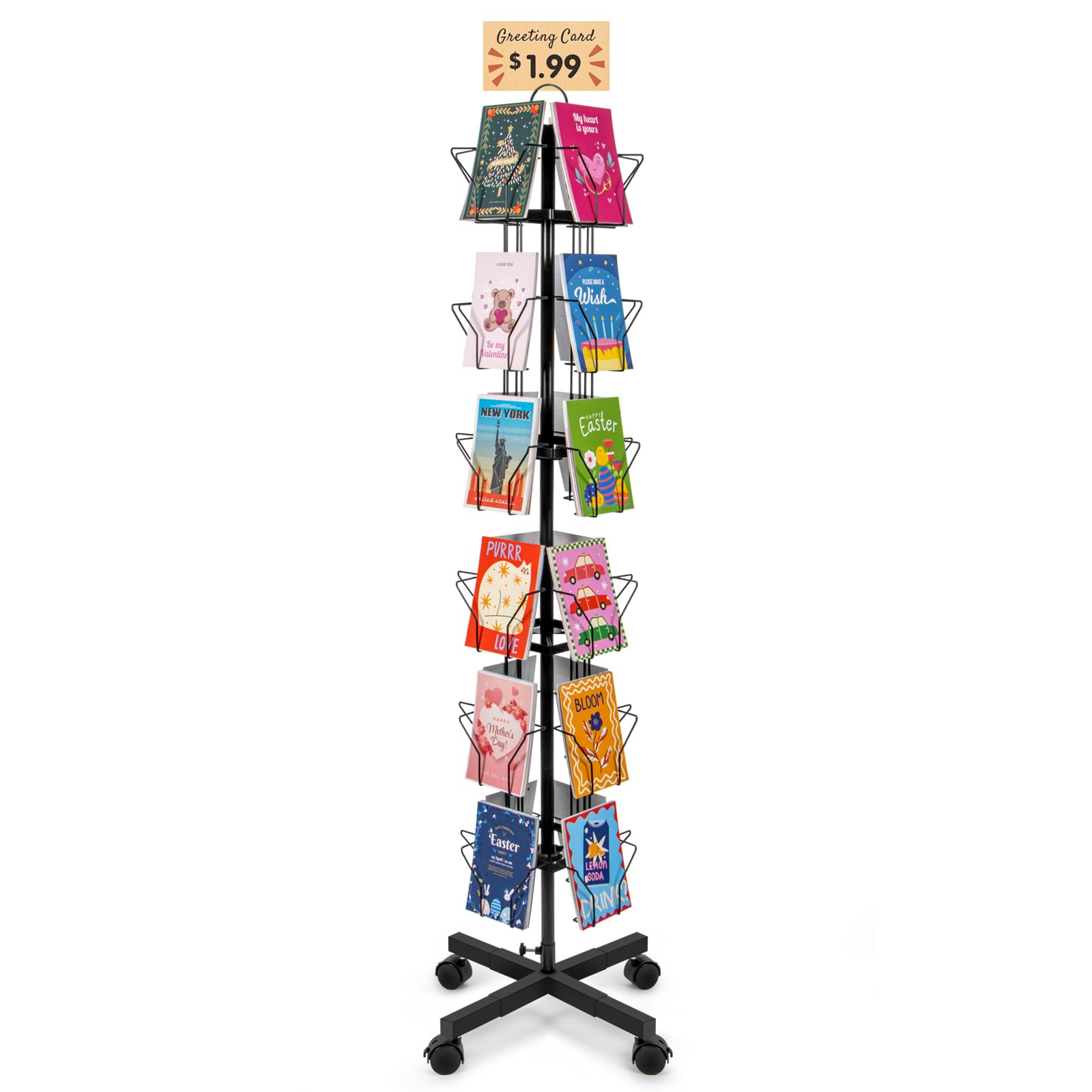 Anboxit Black-24 Pockets Greeting Card Display Stand Rotating Rack Holder, For Postcard Sticker Retail, Metal Black, Large Size With 24 Display Pockets