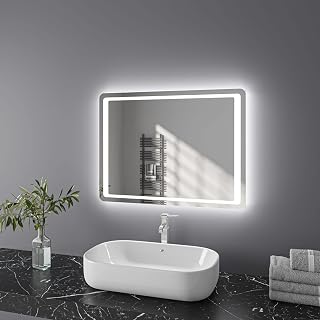 Finmrys Bathroom Mirror with LED Lights, Illuminated Bathroom Mirror with Demister Wall Mounted Bathroom LED Mirror Light Horizontal/Vertical (Design A, 700 x 500 mm - 6000K Cool White LED Light)
