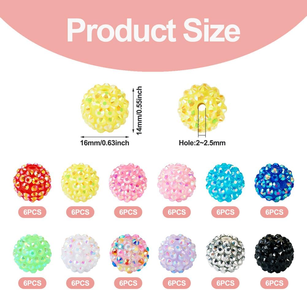 Fashewelry 72pcs 16mm Round Resin Rhinestone Beads Mixed Color Chunky Bubblegum Ball Beads for Beadable Pen Lanyards Keychain Bag Chain Jewelry Making - Image 3