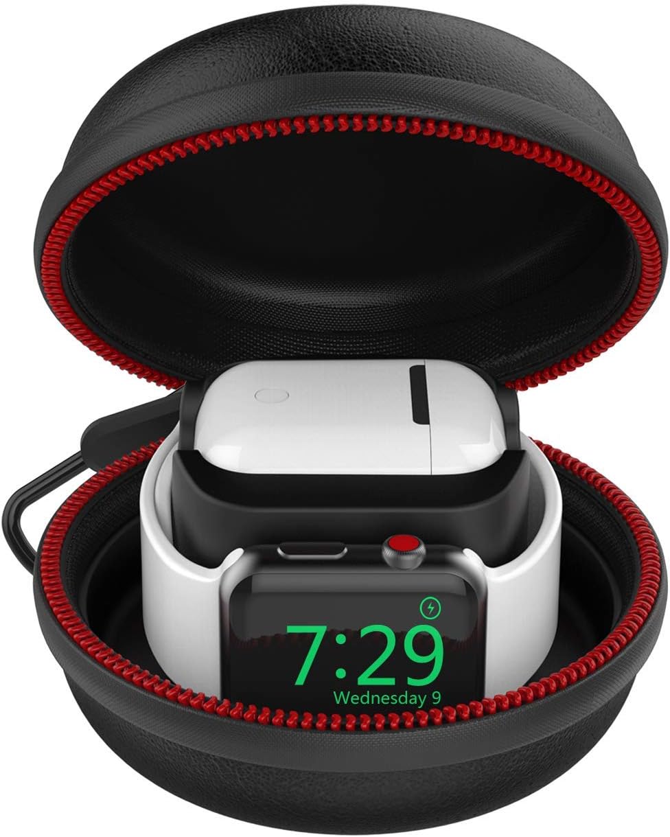 Compatible Apple Watch Stand, Airpods 1 & 2 Carrying Case 2 in 1 Travel Dock Protective Storage Bag Charging Station for iWatch Series 5/4/3/2/1 38mm 40mm 42mm 44mm, Black
