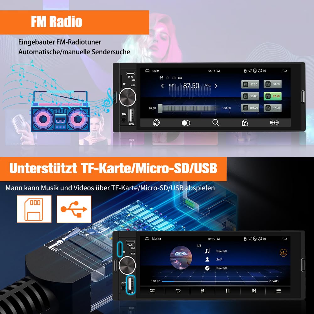Junsun Smartes 1 DIN Autoradio mit 6,36 Zoll Touchscreen, Wired and Wireless CarPlay und Android Auto, Lenkradsteuerung, Rückfahrkamera, SD Slot USB Anschluss, externes Mikrofon