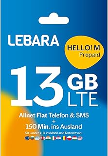 Lebara Hello! M Prepaid SIM Card | Mobile Phone Tariff without Contract | Includes Allnet Flat Minutes & SMS in all German Networks + 13 GB LTE + 150 Minutes Abroad + EU Roaming
