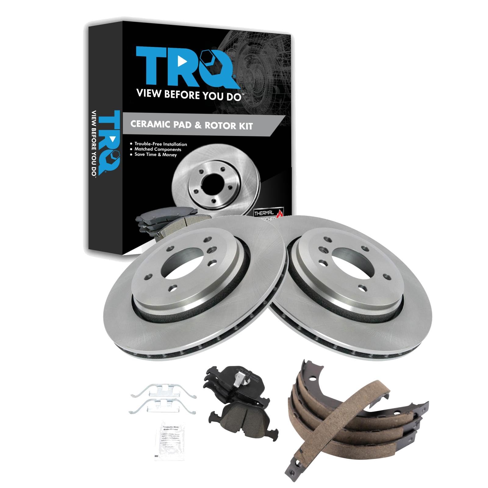TRQ Rear Brake Pad and Rotor Set Ceramic Parking Brake Shoes Compatible with 2001-2006 BMW 330Ci 2001-2005 330i 330xi
