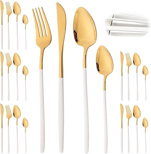 JASHII Juego de cubiertos de acero inoxidable 1810, para 6 personas, color blanco y dorado, pulido con espejo, mango delgado, apto para lavavajillas