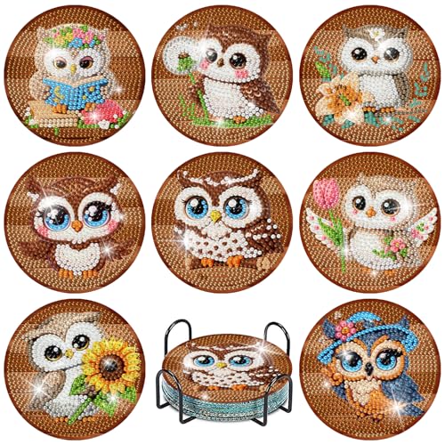 Mrnsiet 8PCS Owl Diamond Art Coasters Kits with Holder, DIY Owl Diamond Painting Coasters for Adults, Non Slip Mosaic Dot Painting Coaster with Cork Pads for Beginners 4x4 Inch