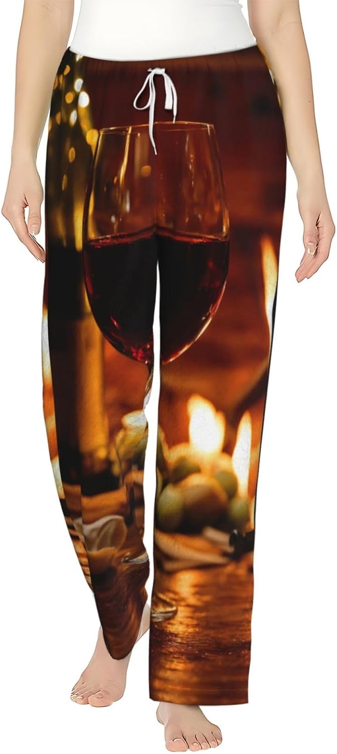 Red Wine Print Cozy Flannel Pajama Pants For Women,Warm Christmas Pj Pants,Cute Fleece Pajamas