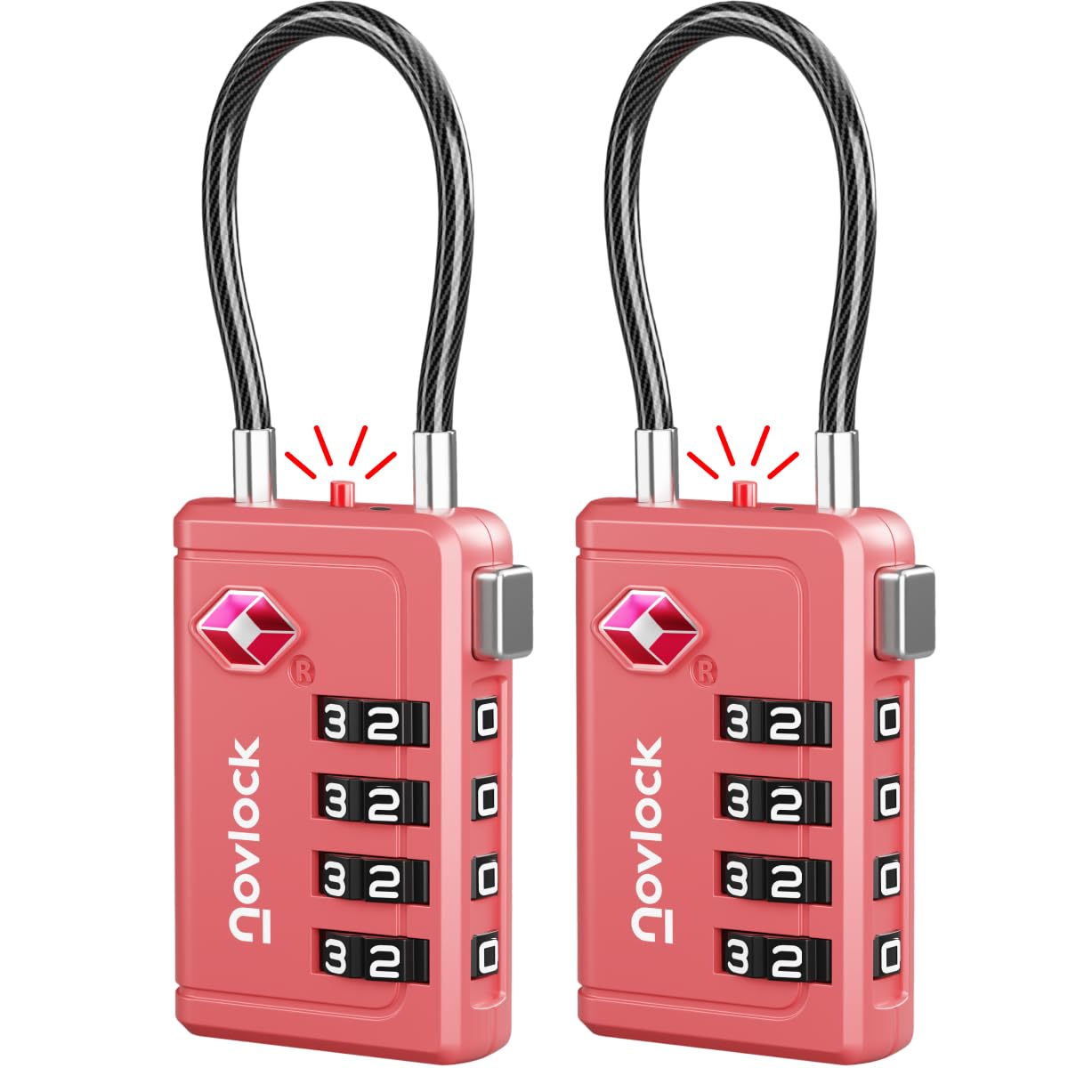 TSA Luggage Locks with Alert Indicator – 4-Digit Travel Padlocks with Flexible Cables for Suitcases, Backpacks & More – Suitcase Locks, 2-Pack, Pink