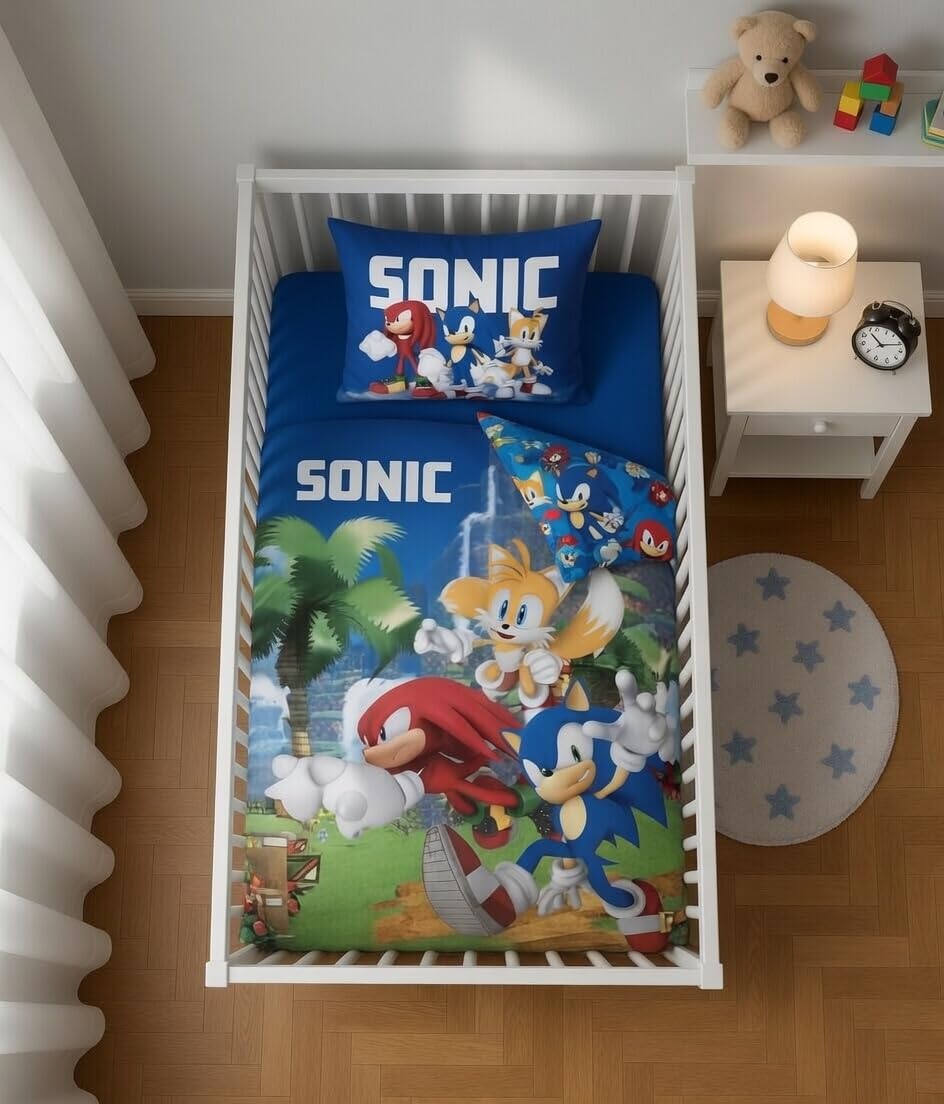Sonic Housse de Couette Bébé 100x135 + Taie 40x60 Coton Tails Knuckles | Parure de lit bébé réversible | Coton naturel doux respirant Oeko-Tex | SEGA | Garçon 0-3 ans | Lit à barreaux
