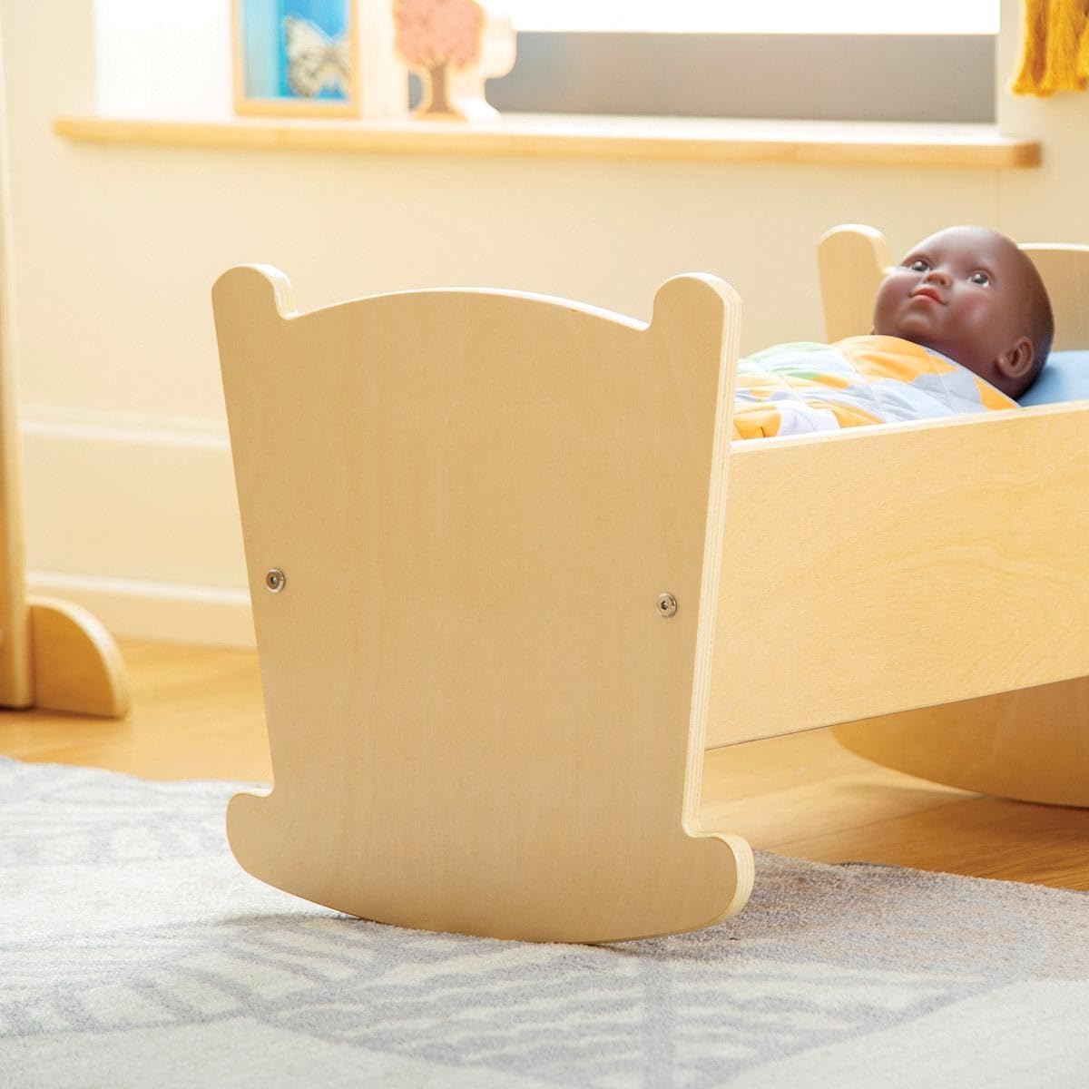 Kaplan Early Learning Wooden Doll Cradle with Pillow and Blanket for Role Playing, Bedding Styles May Vary