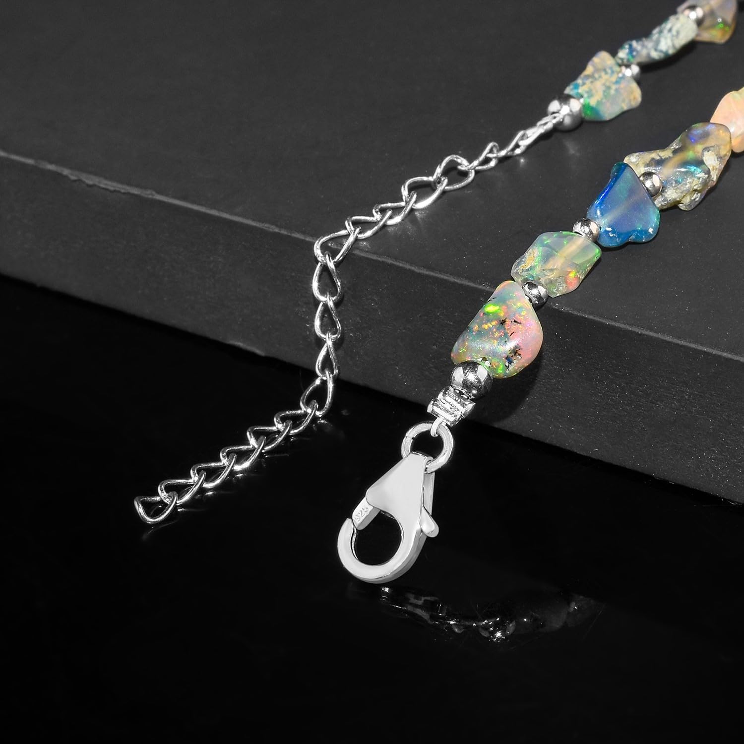 Natural Raw Ethiopian Black Opal Gemstone Polished Beads Dainty Choker Necklace, Handmade Jewelry, Healing Crystals, October Birthstone Gift for Women, 925 Sterling Silver Chain 18 inch - Image 5