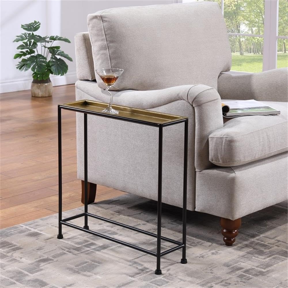 Antique Brass Side Table, Removable Tray Top with Textured Metal Look, Slender Rectangle Design, Space-Saving Accent for Living Room