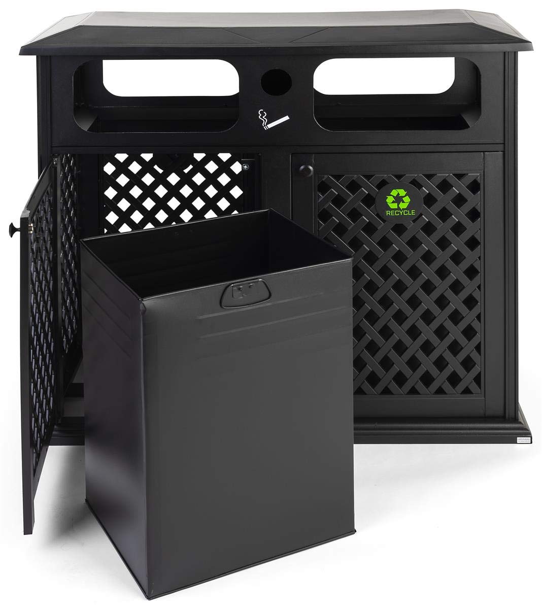 Displays2go Decorative Outdoor Dual Waste Receptacle, 17 Gallon, Cast Aluminum - Black (FGALTRASH4)