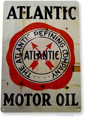 Tinworld Letrero de estaño Atlantic Motor Oil Retro Rustic Oil Gas Station Metal Sign Decor Garage Auto Shop Cave C182