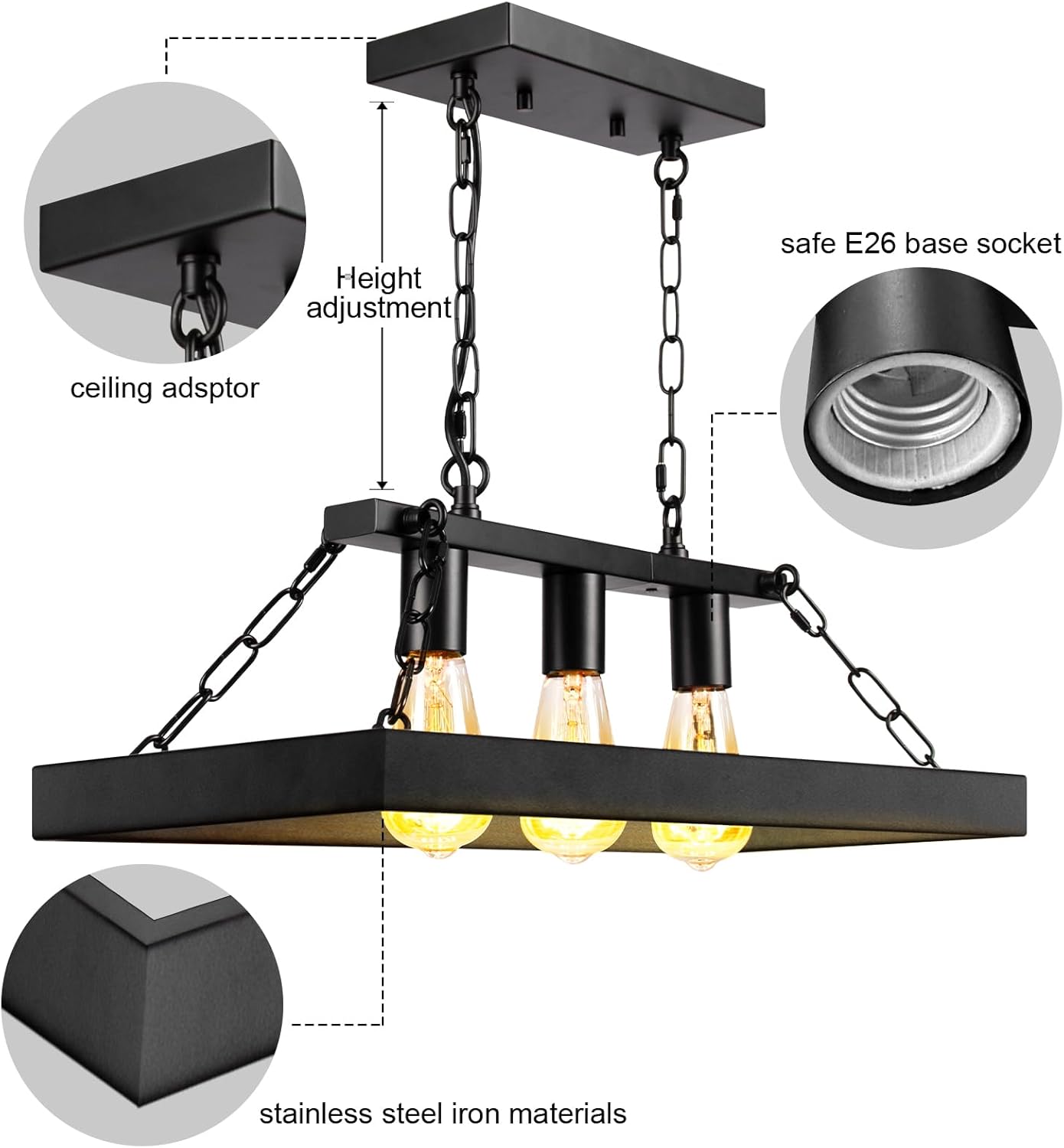 3-Light Rustic Farmhouse Chandelier, 24.8" Linear Black Metal Dining Room Light Fixture Over Table, Industrial Kitchen Island Hanging Pendant Lighting (E26)