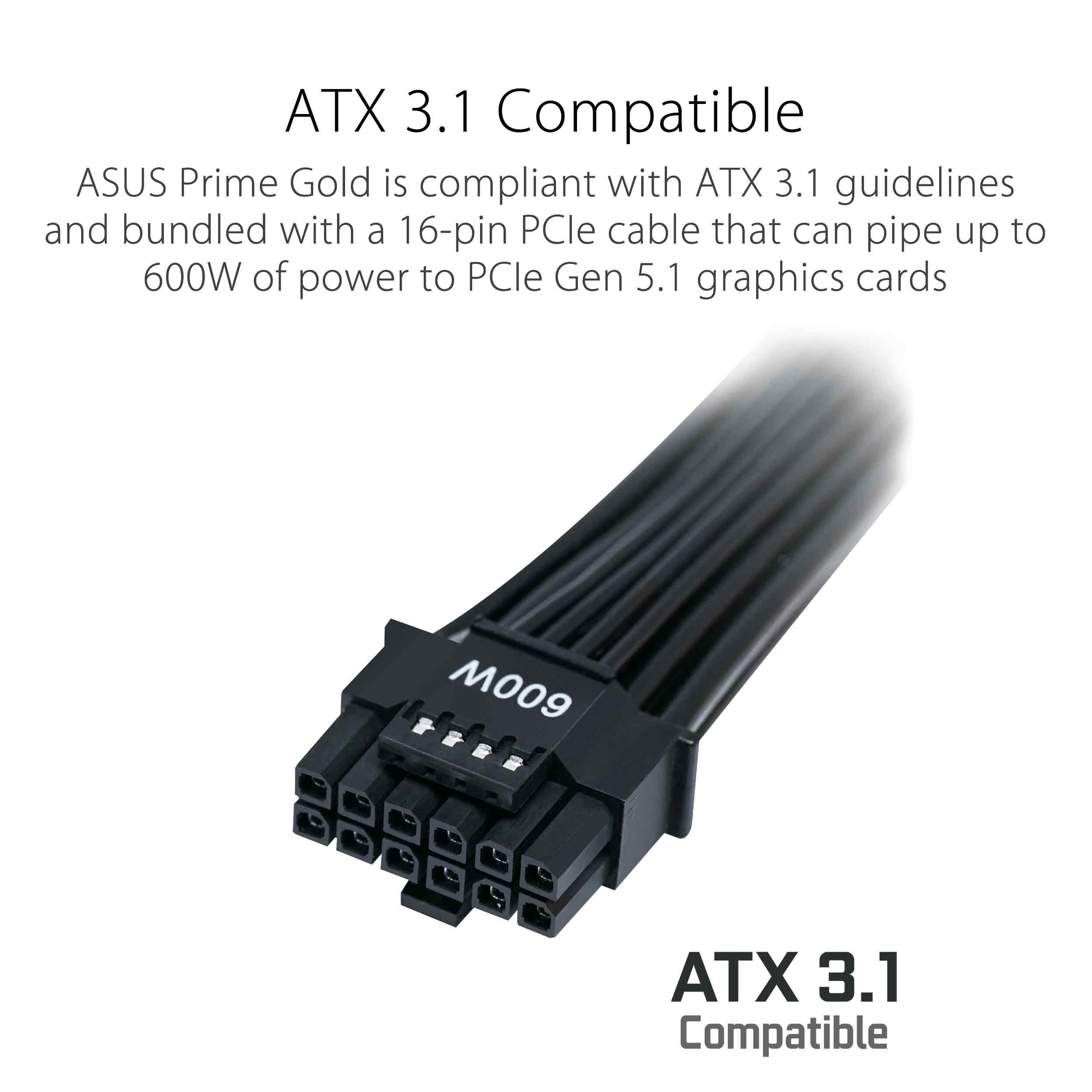 ASUS Prime 850 W Gold, modulaire voeding voor pc, 850 W vermogen, PCle Gen 5.0, 80 Plus Gold, standaard ATX 3.0, ventilator met dubbele kogellagers, wit, PRIME-850W-GOLD