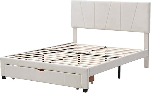 Miniatura 5 de TMEOSK Cama tapizada de terciopelo tamaño Queen con cajón grande de almacenamiento y cabecera ajustable para niños niñas adolescentes y adultos no