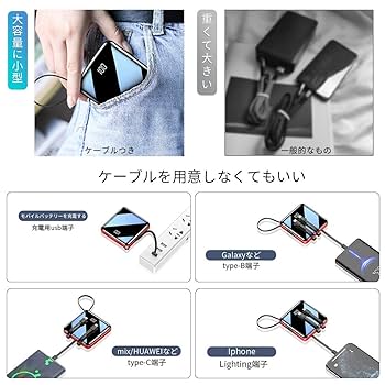 Amazon | ケーブル内蔵 モバイルバッテリー 10000mAh 軽量 小型