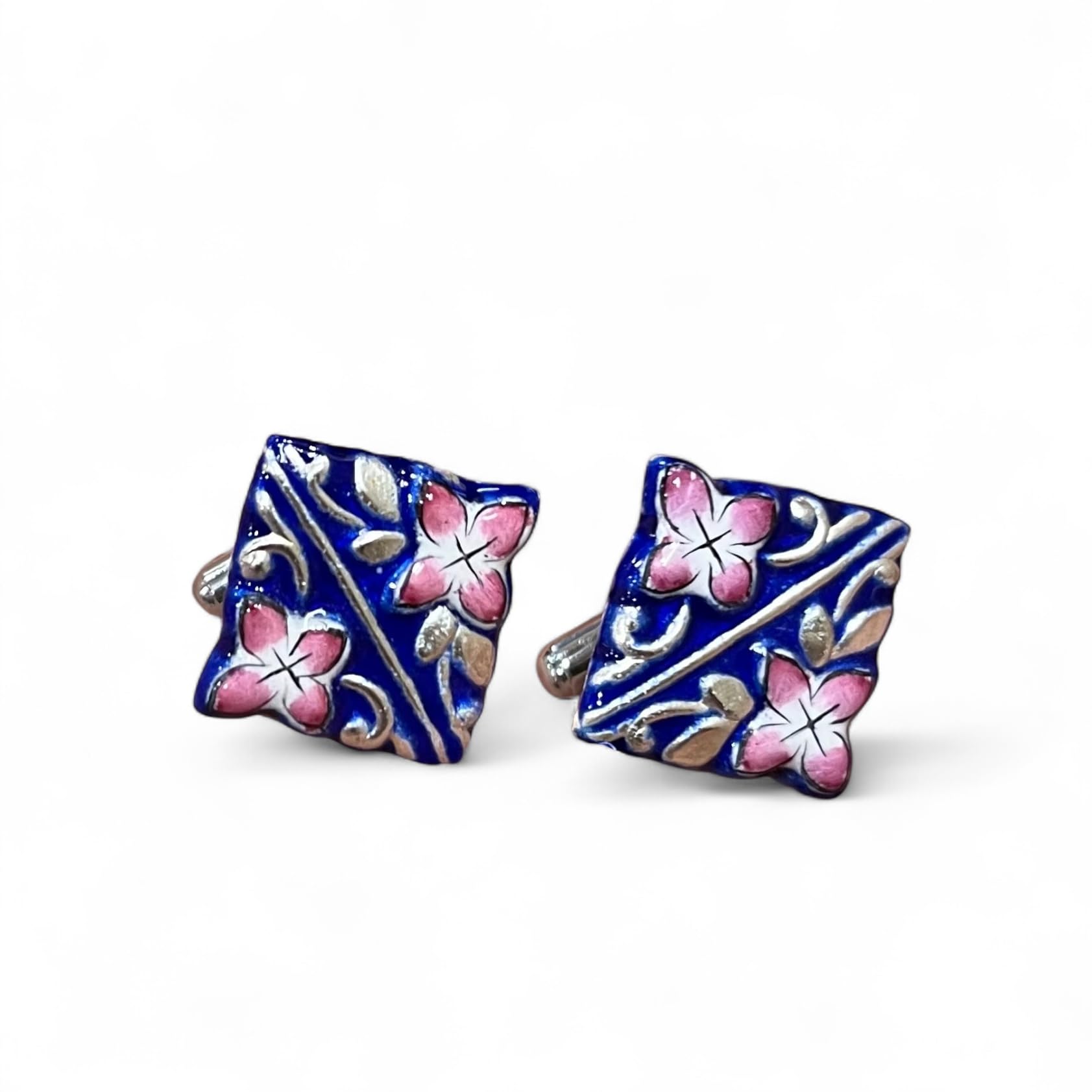 silver Cufflinks For Men | GULABI MEENAKARI 925 STERLING SILVER CUFFLINKS | Handmade | Enameled cufflinks | Traditional GI tag gulabi meenakari from VARANASI with Contemporary Elegance | Indian Handicraft | 2 CM X 2CM | SQUARE CUFFLINK-image-19