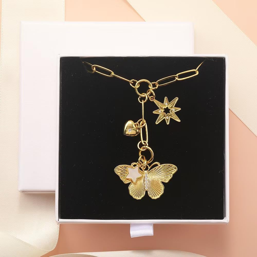 Charm Chunky Heart Butterfly Pendant Necklace Gold Plating Paperclip Chain for Women