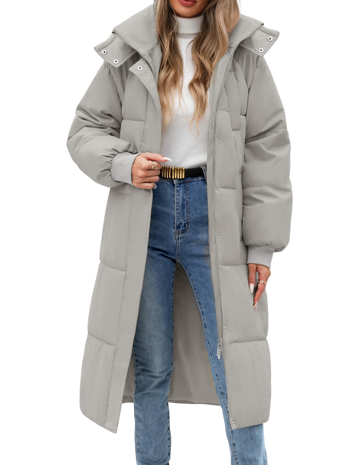 Women's Long Puffer Coat - Warm Winter Quilted Jacket Full Length Zip Up Down Coat Thickened Puffy Parka with Hood-image-10