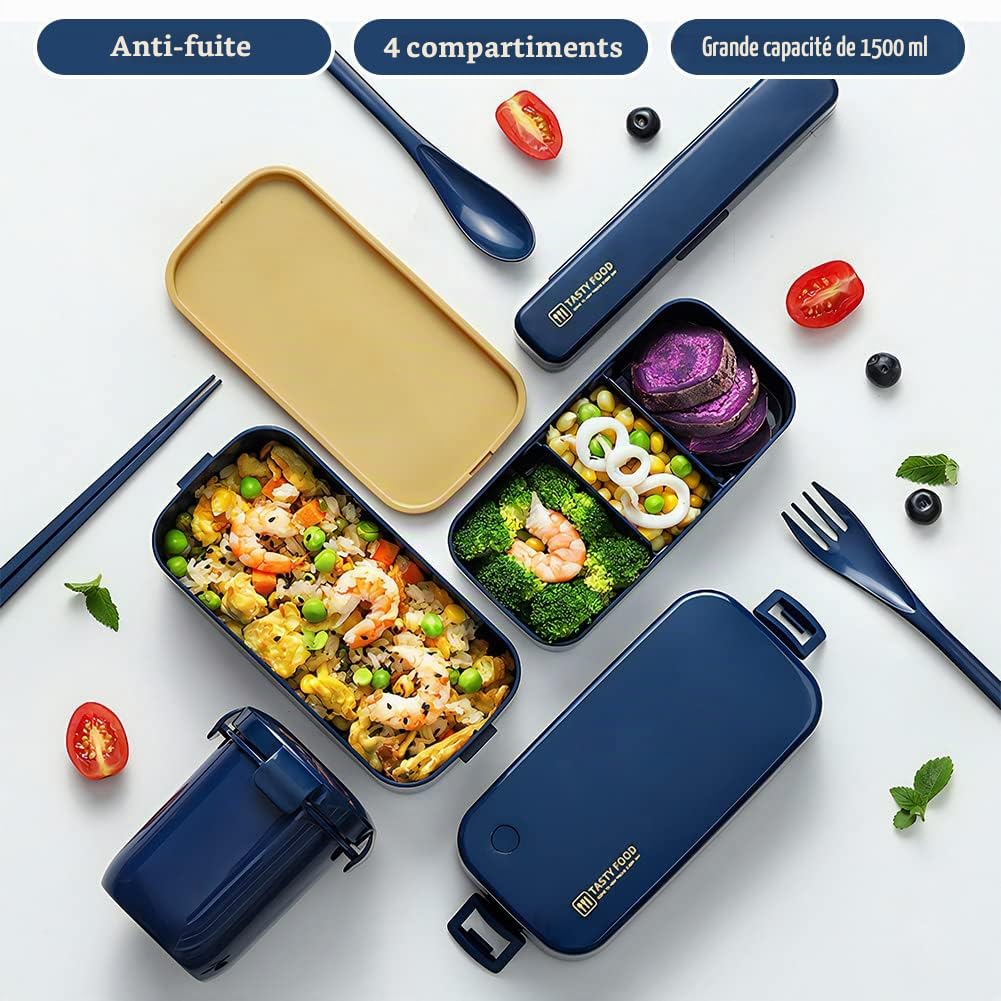2 Tier boîtes Bento avec sac à lunch & Couverts, avec compartiments réglables pour adultes et enfants, portable étanche pour le travail et l’école