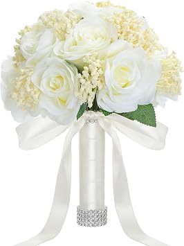 Janinka 10 Inch Large Wedding Bouquets for Bride Bridesmaid Artificial Rose Flowers Paired with Silk Ribbon and Rhinestones Bridesmaid Bouquet for Proposal Party Church DecorationMilky White,Rose