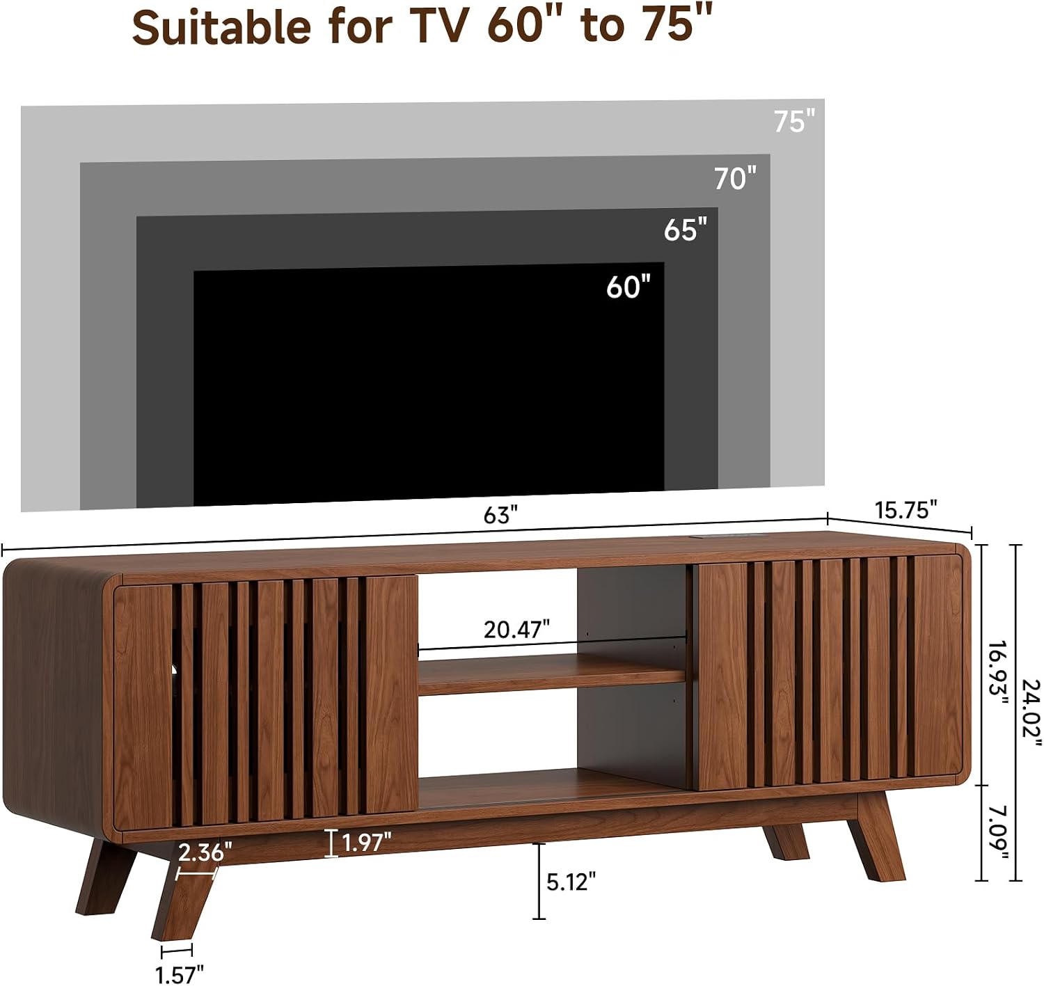 ComfyCorner 63'' TV Stand with Power Outlet, Mid-Century Television Cabinet for 75 Inch TV, Media TV Console Table for Living Room&Bedroom, Entertainment Center with Storage, Open Shelf, Walnut
