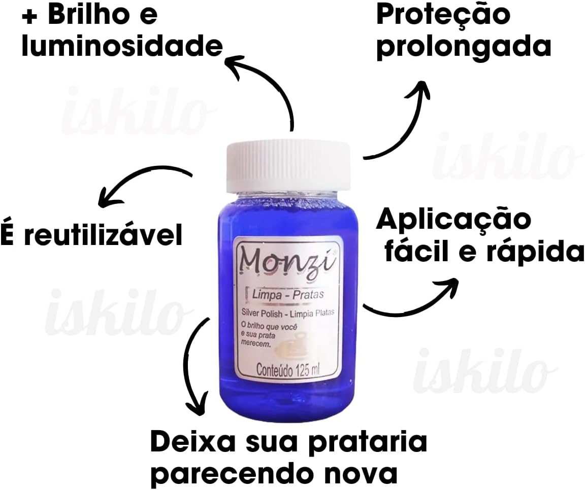 Kit 1 Monzi 125 Ml Limpa Prata 3 Flanela ISKILO Magica Original Kit 1 Monzi 125 Ml Limpa Prata 3 Flanela ISKILO Magica Original