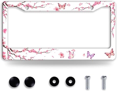 Pink Cherry Blossom Butterfly License Plate Frame for US Cars Decor