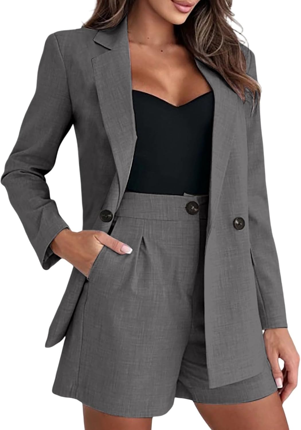 Linen Suits for Women for Work Notch Lapel Long Sleeve Blazer and Short Pants with Pockets Business Causal Set Summer