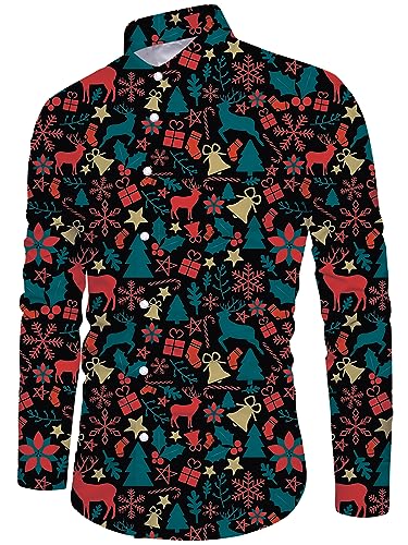 Loveternal Navidad Elk Shirt Hombres 3D Print Christmas Shirt Manga Larga Funky Xmas Slim Fit Deer Camisas XXL