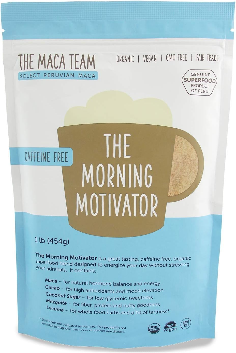 The Maca Team The Morning Motivator Maca Coffee, Caffeine-Free Coffee, GMO-Free, Vegan and Fair Trade Coffee, 1 Pound, 50 Servings
