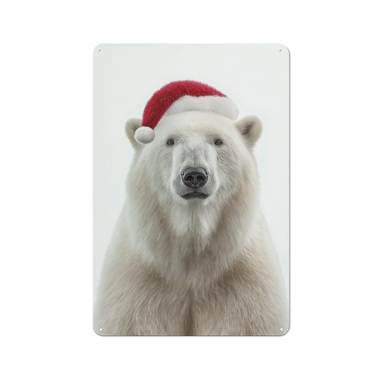 Junmoney Polar Bear With Christmas Santa Hat Metal Plaque 30X20cm With For Hallway Wall, Rustic Decor, For Garage, Workshop And Man Cave Decoration