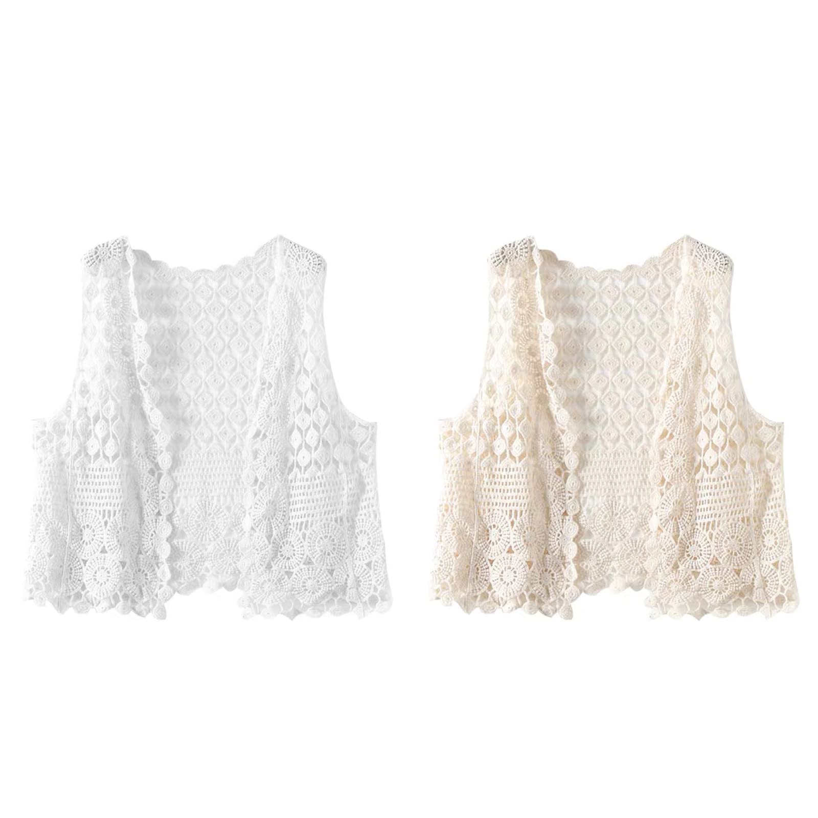 Chaleco sin Mangas de Crochet para Mujer, Estilo étnico, con Agujeros, Tejido geométrico, Color Liso, cárdigan, Blanco