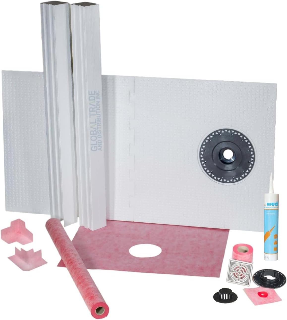 Prova TT8209STS05 Waterproofing Shower Kit 32" x 60" Offset Tray, ABS Bonding Flange and Stainless Steel Finish Grate Assembly, Strainer, Joint Sealant