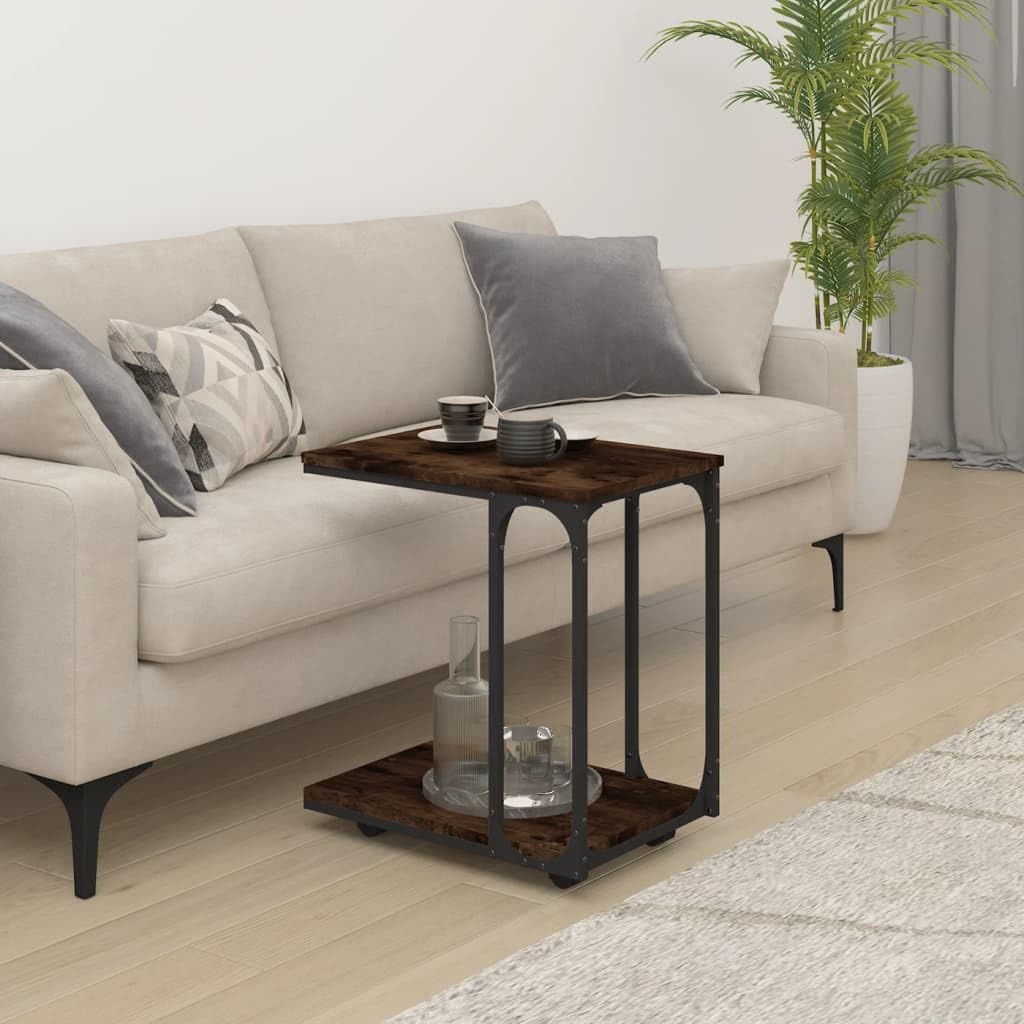 Mesa auxiliar con ruedas, roble ahumado, 50 x 35 x 55,5 cm, diseño en forma de C, mesa de centro industrial, mesita de noche móvil para salón, dormitorio, oficina