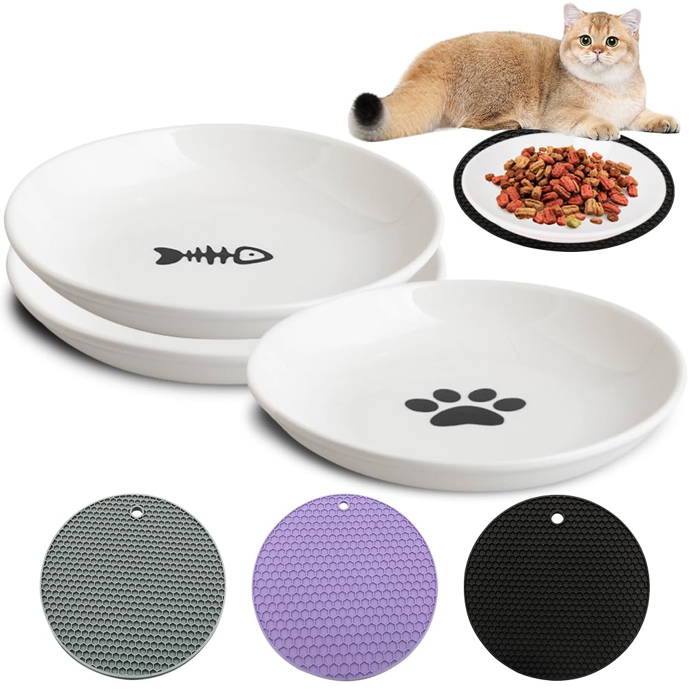 LOMUG Cuenco para gatos, 3 unidades, comedero para gatos de cerámica, cuenco para gatos, plato plano, cuenco plano para gatos, juego de 3 cuencos para gatos con 3 alfombrillas antideslizantes para